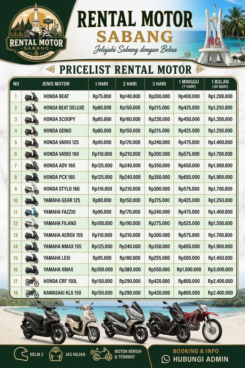 Poster daftar harga 18 motor di Sabang dengan pilihan 1, 2, 3, 7 dan 30 hari